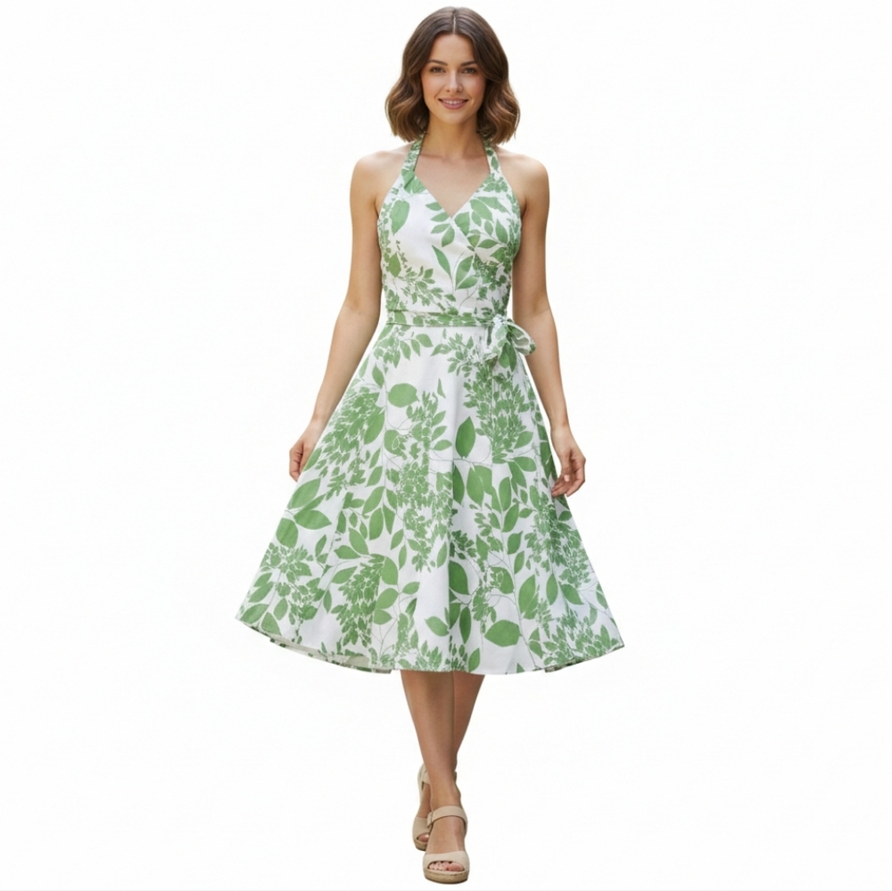 Zara Floral white/green Halter Cotton dress